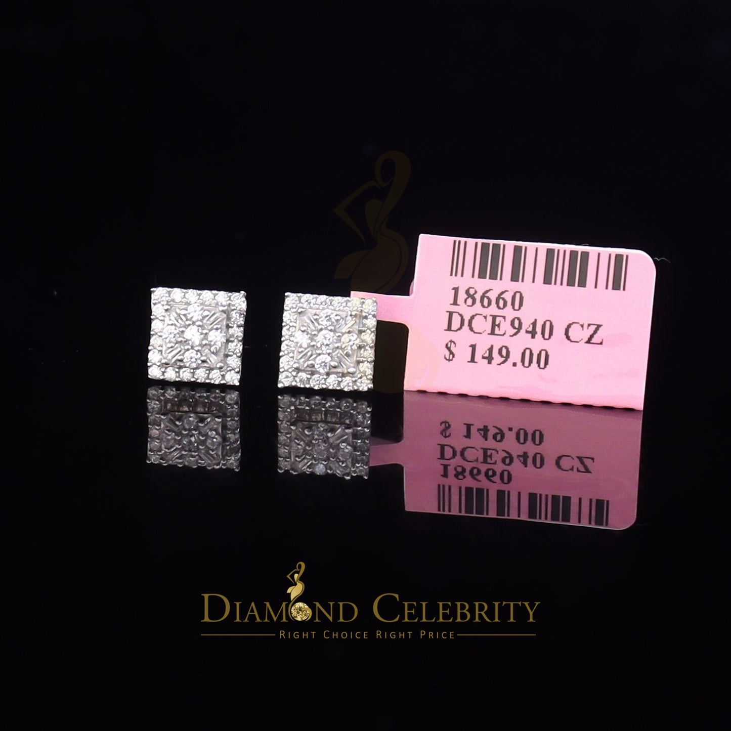 DiamondCelebritees  925 White Sterling Silver 0.74ct Cubic Zirconia Square Women's Stud Earrings