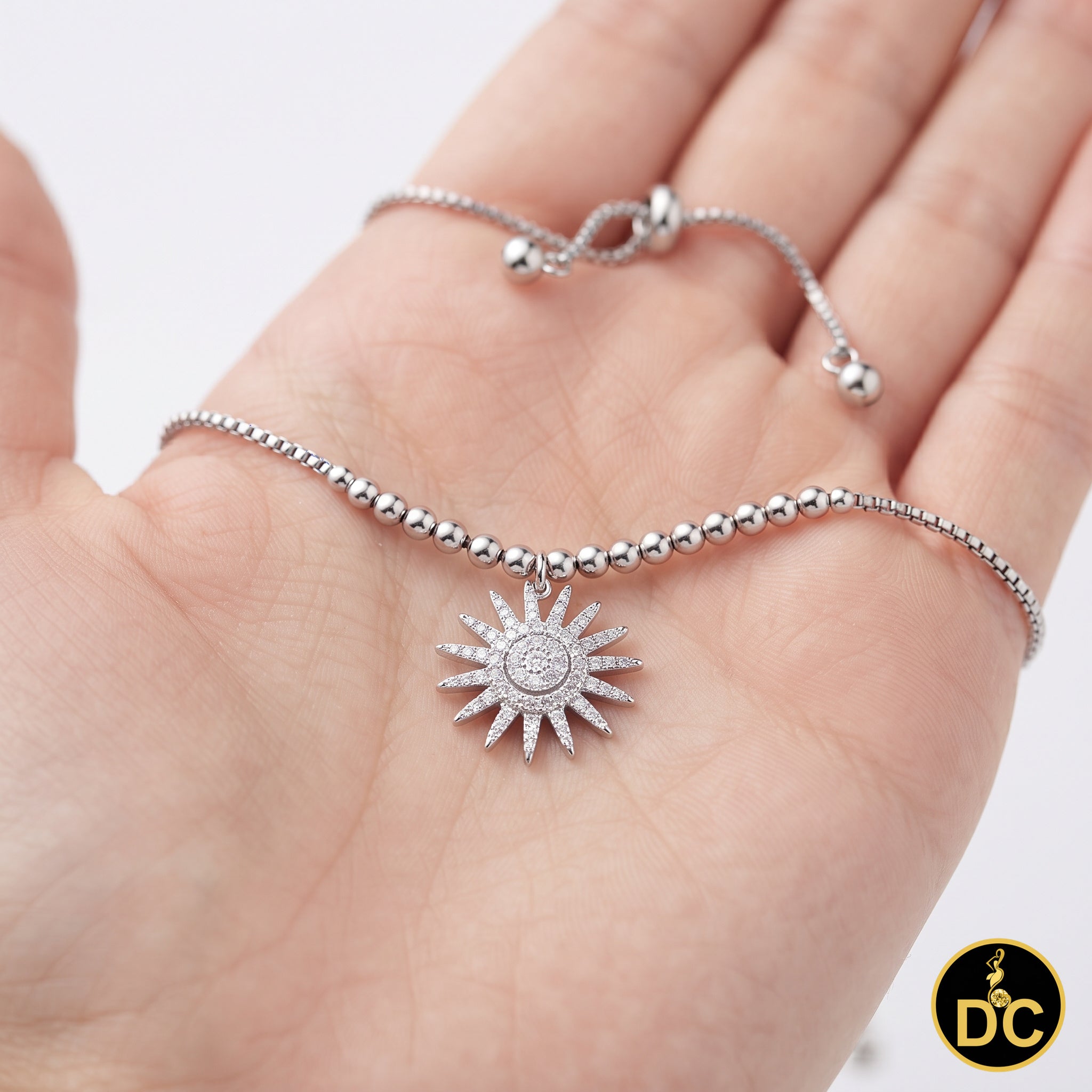 Diamondcelebritees 925 Sterling Silver Cubic Zirconia Sun Shape White Bracelet Adjustable SZ 7 Inch