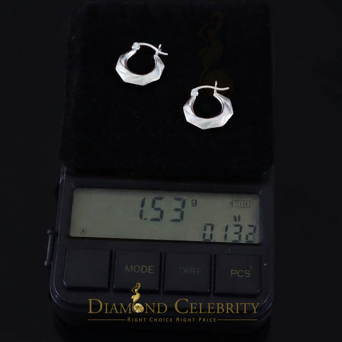 925 Silver Octagonal Shape W/Polished facets & textured dotted 16mm Hoop Earring