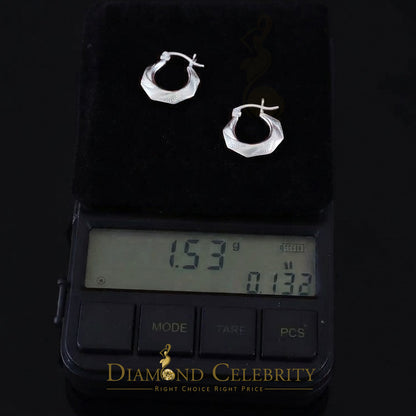925 Silver Octagonal Shape W/Polished facets & textured dotted 16mm Hoop Earring