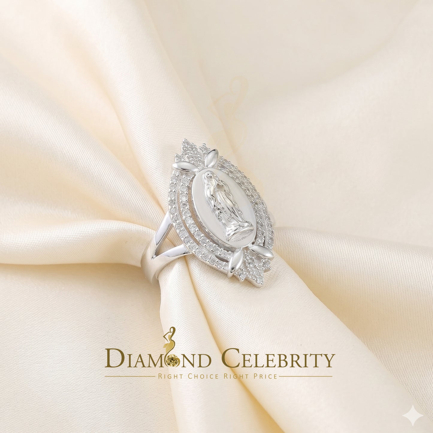 DiamondCelebritees 925 Silver White CZ Stone Blessed Virgin Mary Miraculous Medal Women Ring SZ 8