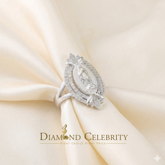DiamondCelebritees 925 Silver White CZ Stone Blessed Virgin Mary Miraculous Medal Women Ring SZ 8