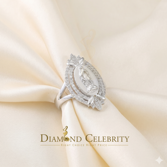 DiamondCelebritees 925 Silver White CZ Stone Blessed Virgin Mary Miraculous Medal Women Ring SZ 8