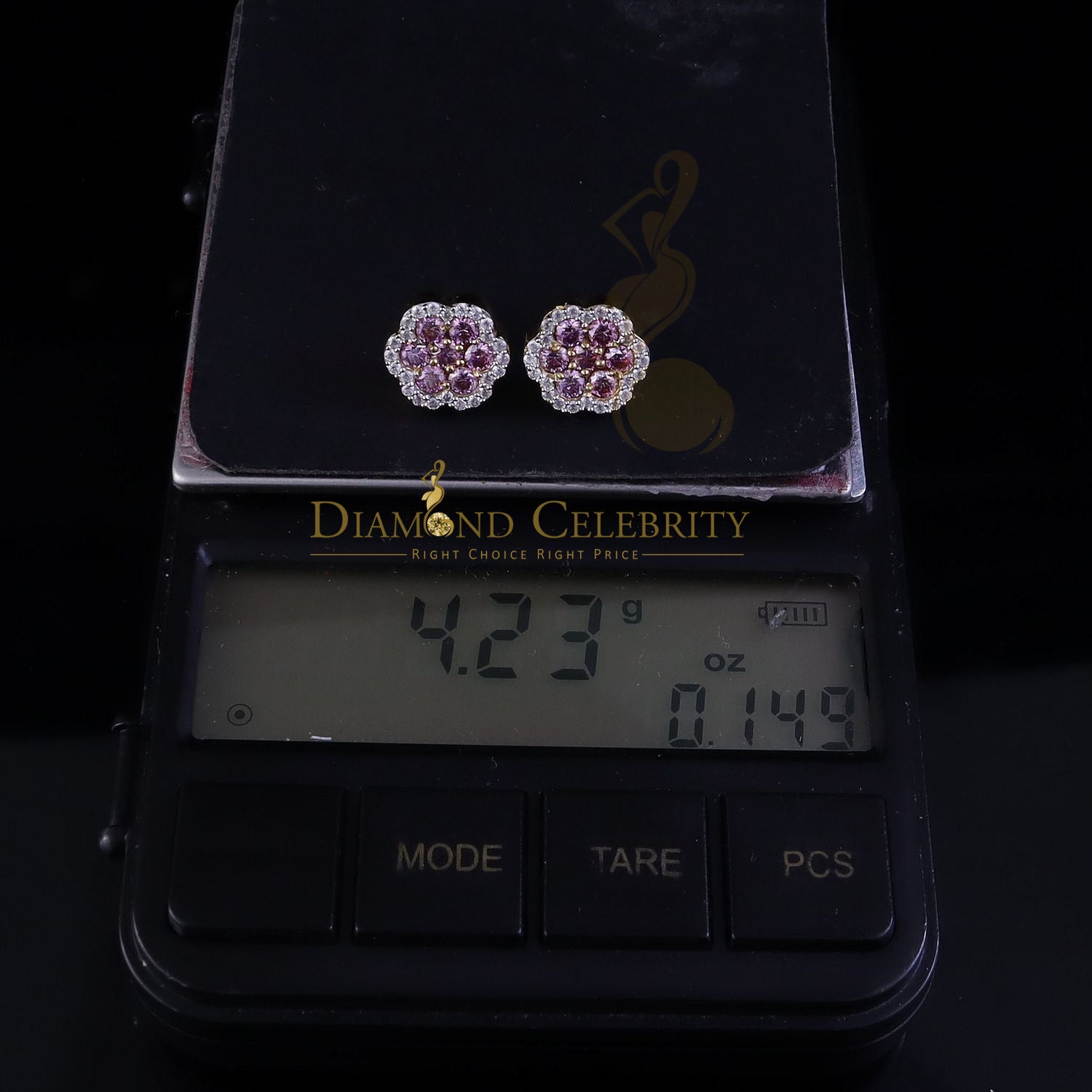 DiamondCelebritees Mens/Women's 925 Silver Yellow 1.50ct VVS D Pink Moissanite Floral Stud Earrings