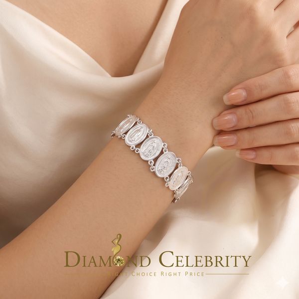 DiamondCelebritees Big Look White 925 Sterling Silver Women's Oval Shape Virgin Mary Bracelet SZ 8