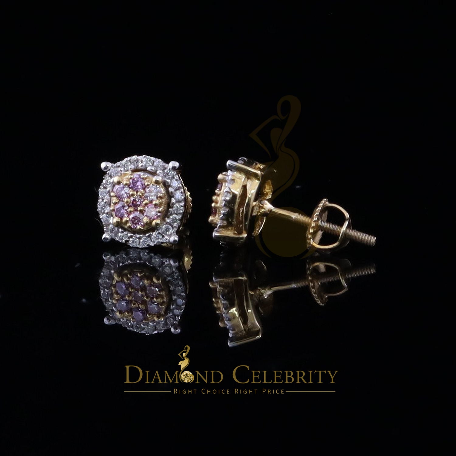 DiamondCelebritees Women's 925 Silver Yellow 0.40ct VVS 'D' Pink Moissanite Round Stud Earrings