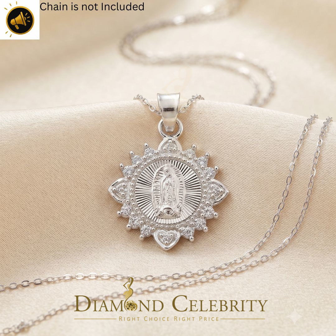 DiamondCelebritees 925 Sterling Silver Circle Lady Guadalupe Men's/Women's Pendant White Religious