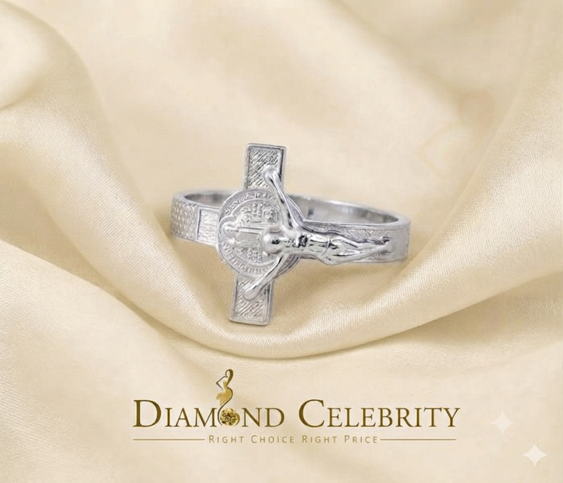 DiamondCelebritees Benito White 925 Sterling Silver St Benedict Religious Cross Women's Ring SZ 9.5