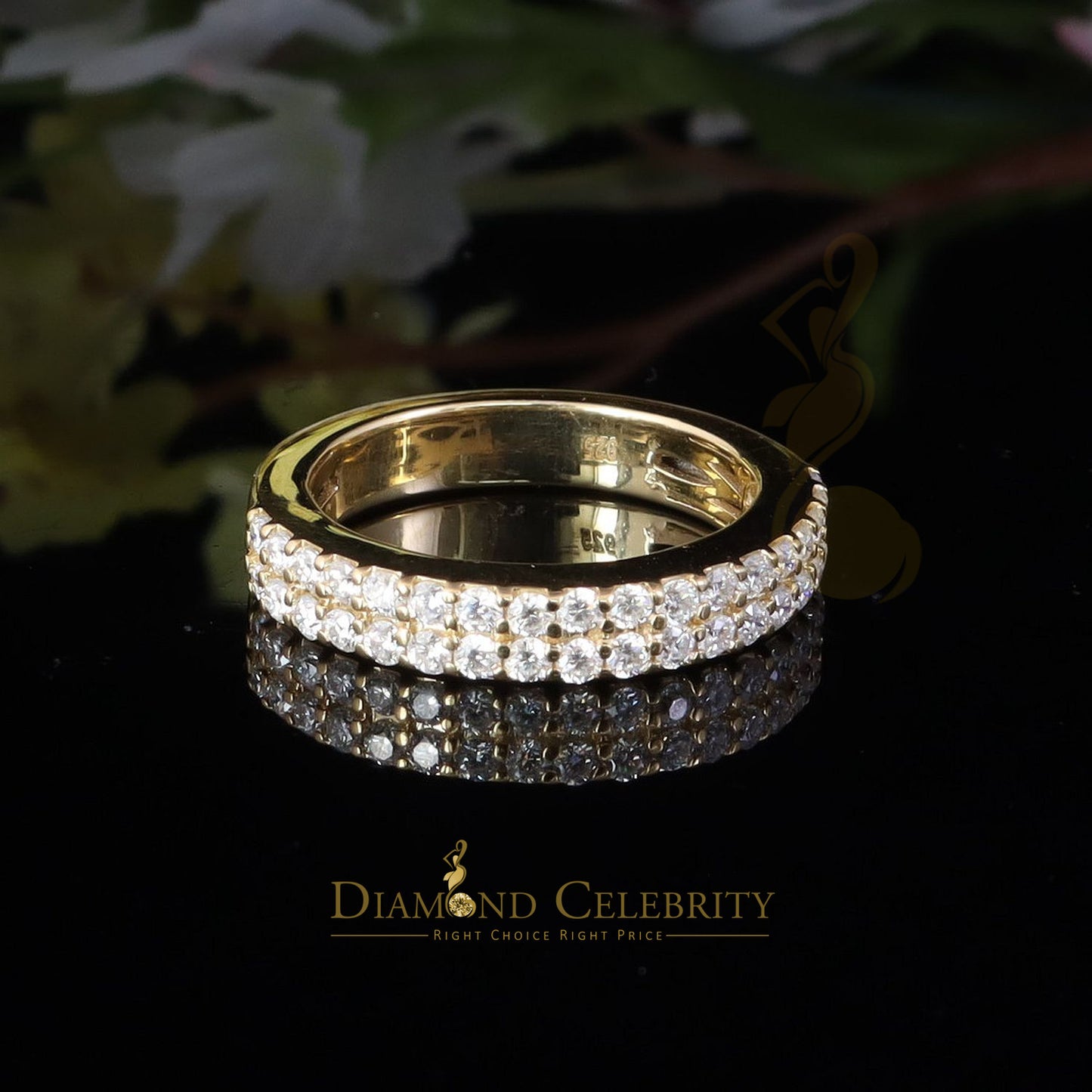 DiamondCelebritees Men's 1.50ct VVS D Silver Yellow Moissanite 2 Row Wedding Band 925 Ring Size 10