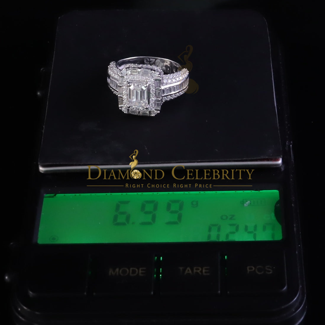 DiamondCelebritees 3.00ct VVS D Silver Yellow Emerald 925 Moissanite Square Baguette Ring SZ7 Women