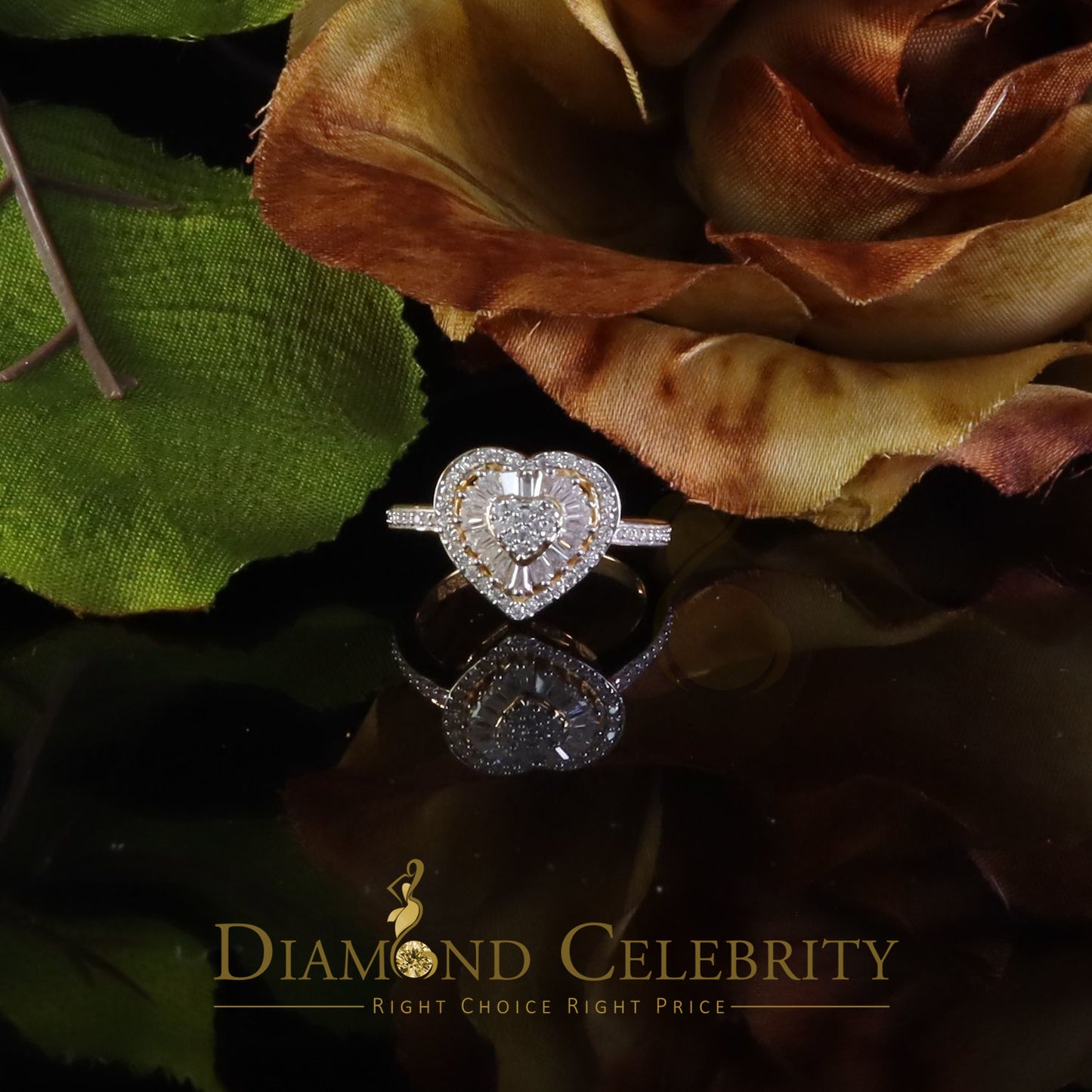 DiamondCelebritees Moissanite 925 Yellow Silver 1.00ct VVS 'D' Baguette Heart Rings Women's Size 7