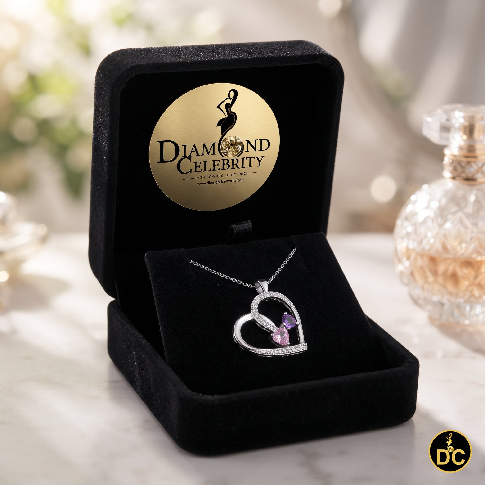 DiamondCelebritees  925 White Silver Double-Loop Open Heart W/Pink & Purple 0.01ct Diamond Pendant