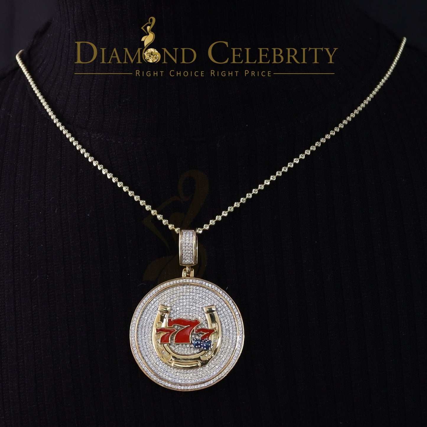 Diamondcelebritees Lucky 2.00ct Real Moissanite Yellow 925 Silver 777 W/Dice Horse Shoes Pendant