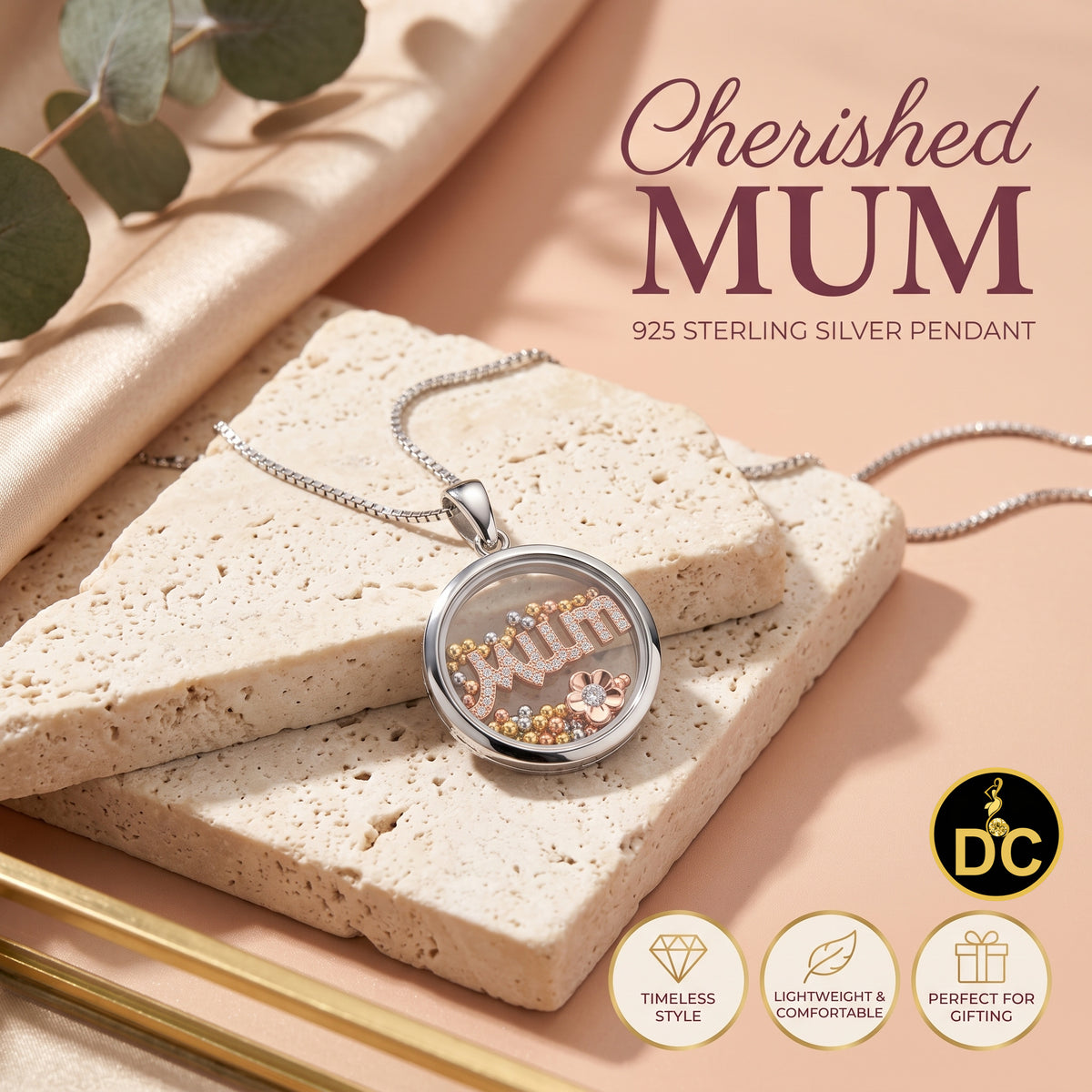 DiamondCelebritees New 925 White Sterling Silver Mom Floating flower / Beads Charm Glass CZ Pendant