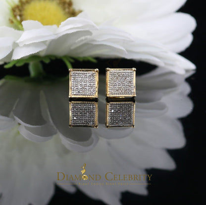 DiamondCelebritees Real 10k Yellow Gold Square Stud Earrings with 0.15CT Real Diamonds