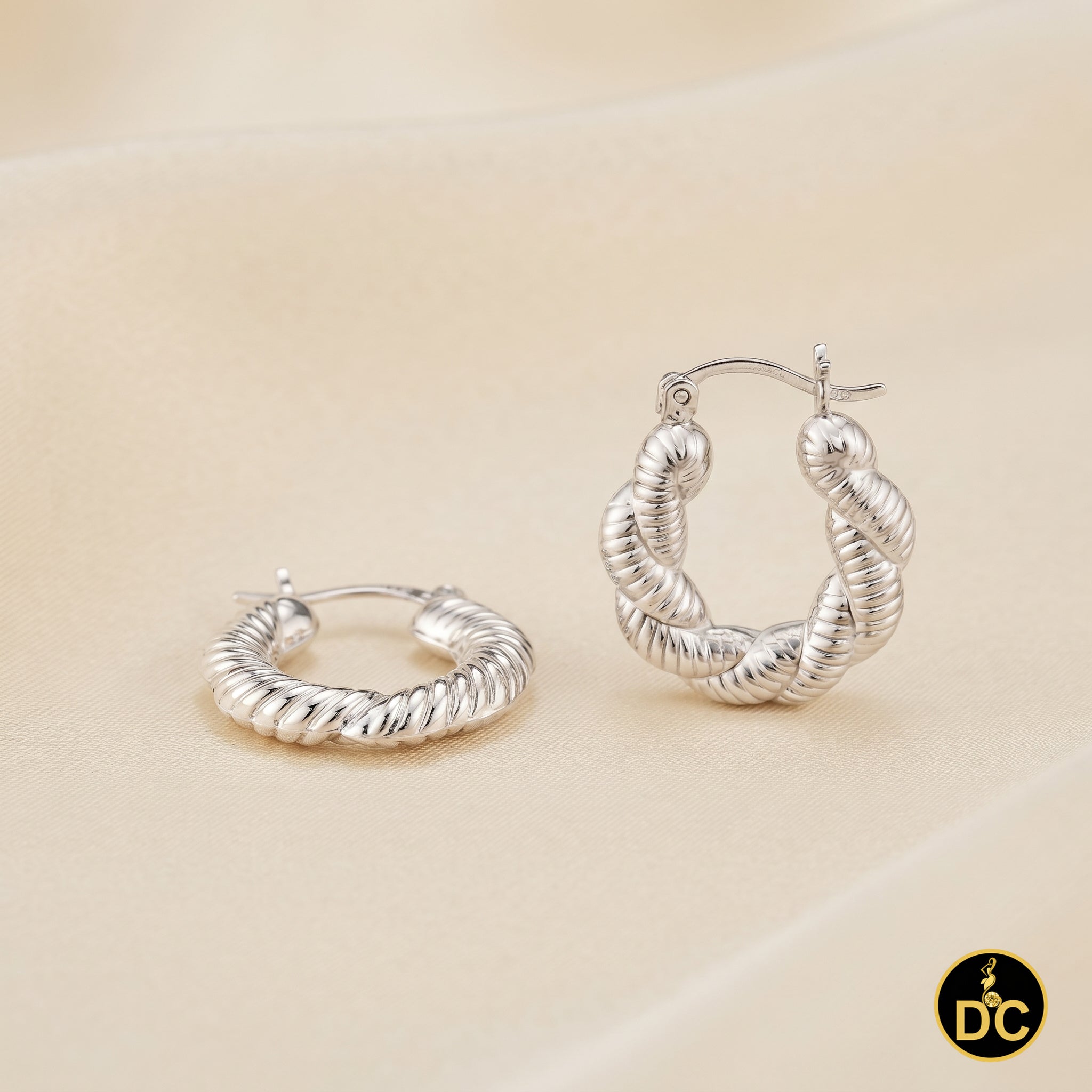 925 Sterling Silver Clasic Ribbed Twisted Rope/Braided Shrimp 19mm Hoop Earring