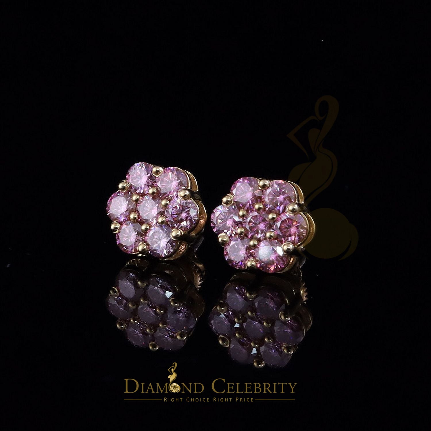 DiamondCelebritees Mens/Women's 925 Silver Yellow 2.25ct VVS D Pink Moissanite Floral Stud Earrings