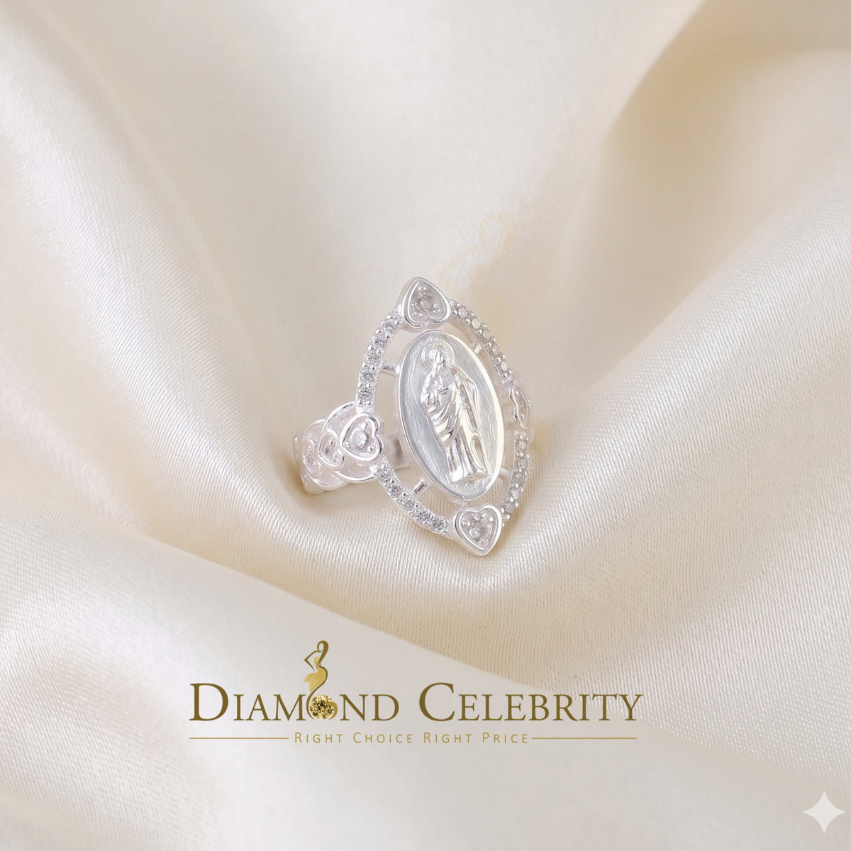 DiamondCelebritees White 925 Silver Saint Jude Thaddeus CZ Women's Medallion Religious Ring SZ 6