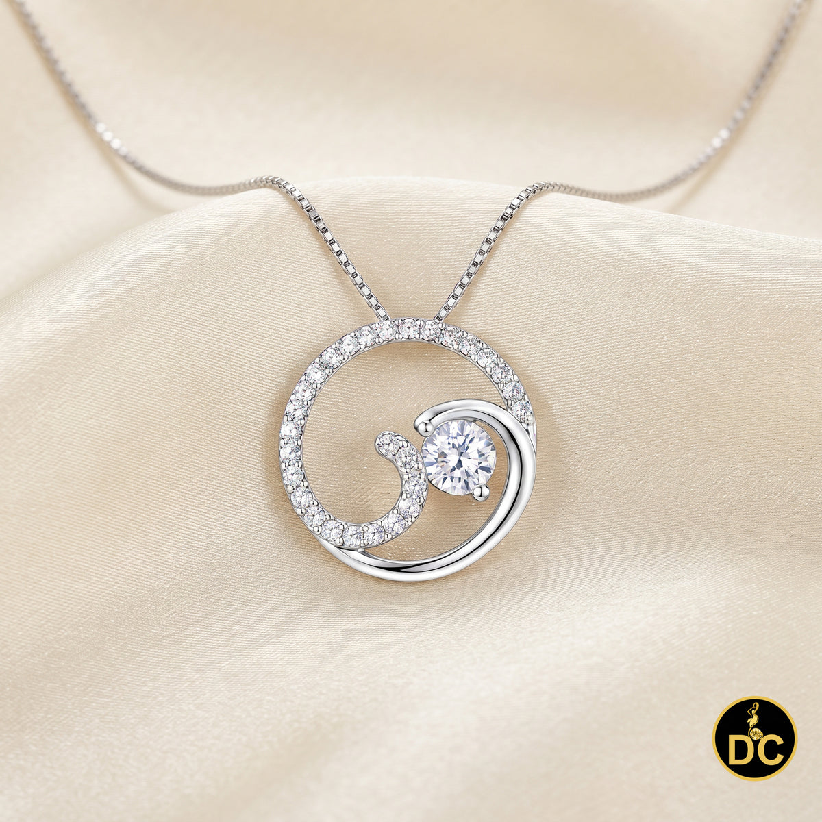 DiamondCelebritees 925 Sterling Silver White Open Circle Swirl Wave Ocean 1inch Pendant 2.92ct CZ