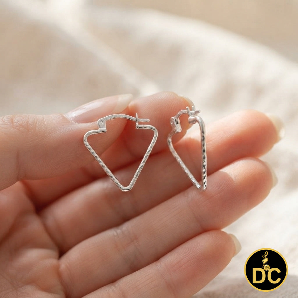 925 Sterling Silver Textured Geometric Diamond-cut Triangle Hoop 21mm Earrings