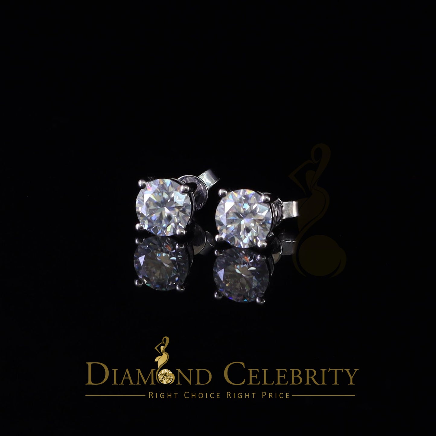 DiamondCelebritees 10k Real White Gold with 3.00ct Round VVS 'D' Color Moissanite Stud Earrings
