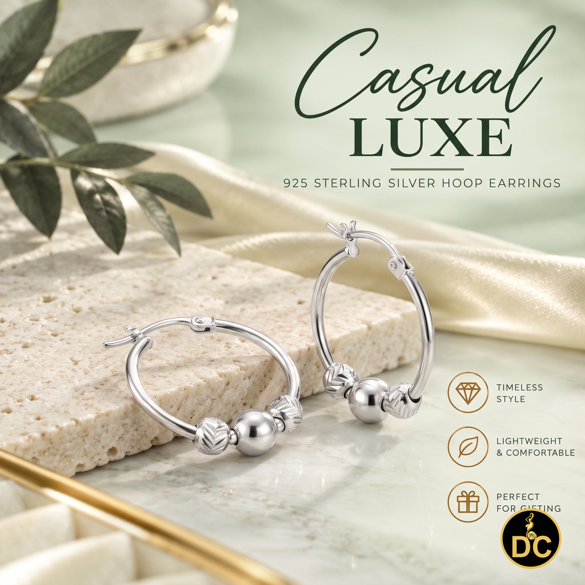 925 Silver Textured Diamond cut Chevron-Pattern Sliding Bead 19mm Hoop Earring