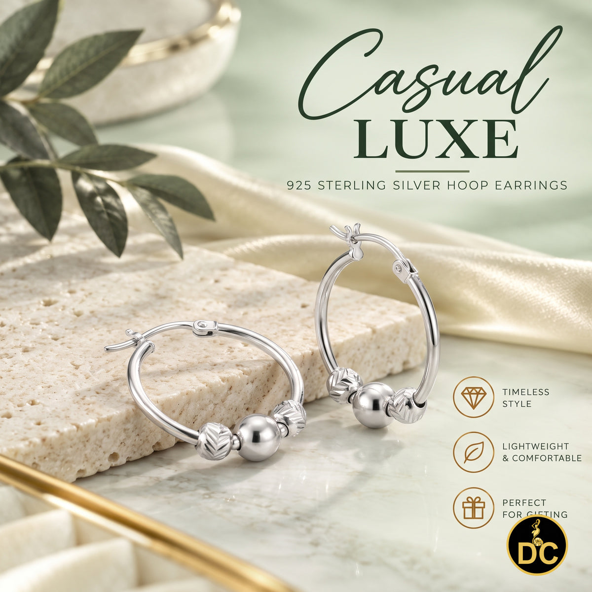 925 Silver Textured Diamond cut Chevron-Pattern Sliding Bead 19mm Hoop Earring