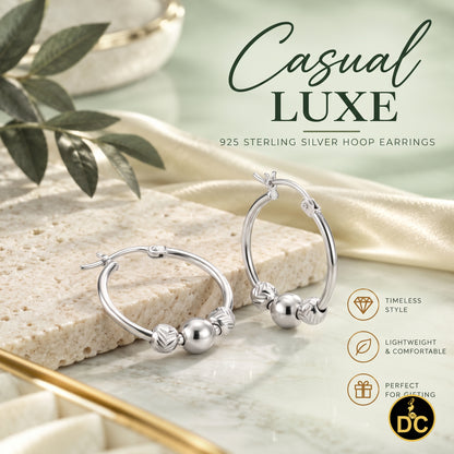 925 Silver Textured Diamond cut Chevron-Pattern Sliding Bead 19mm Hoop Earring