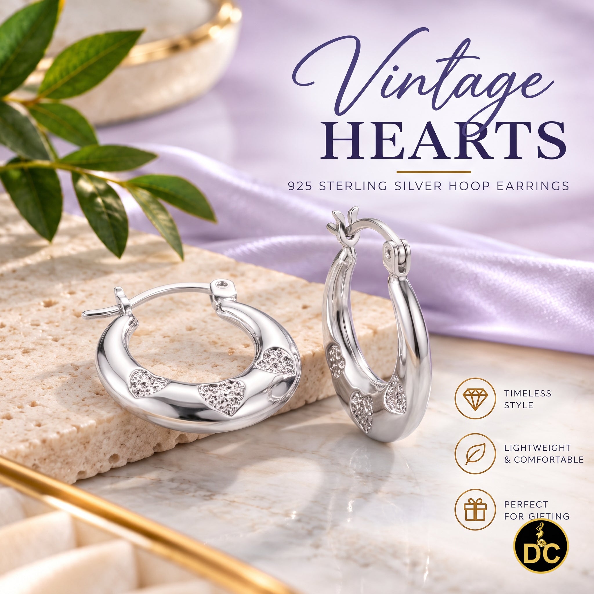 925 Sterling Silver 3/Texture Heart Accent Along curved Hallow 15mm Hoop Earring