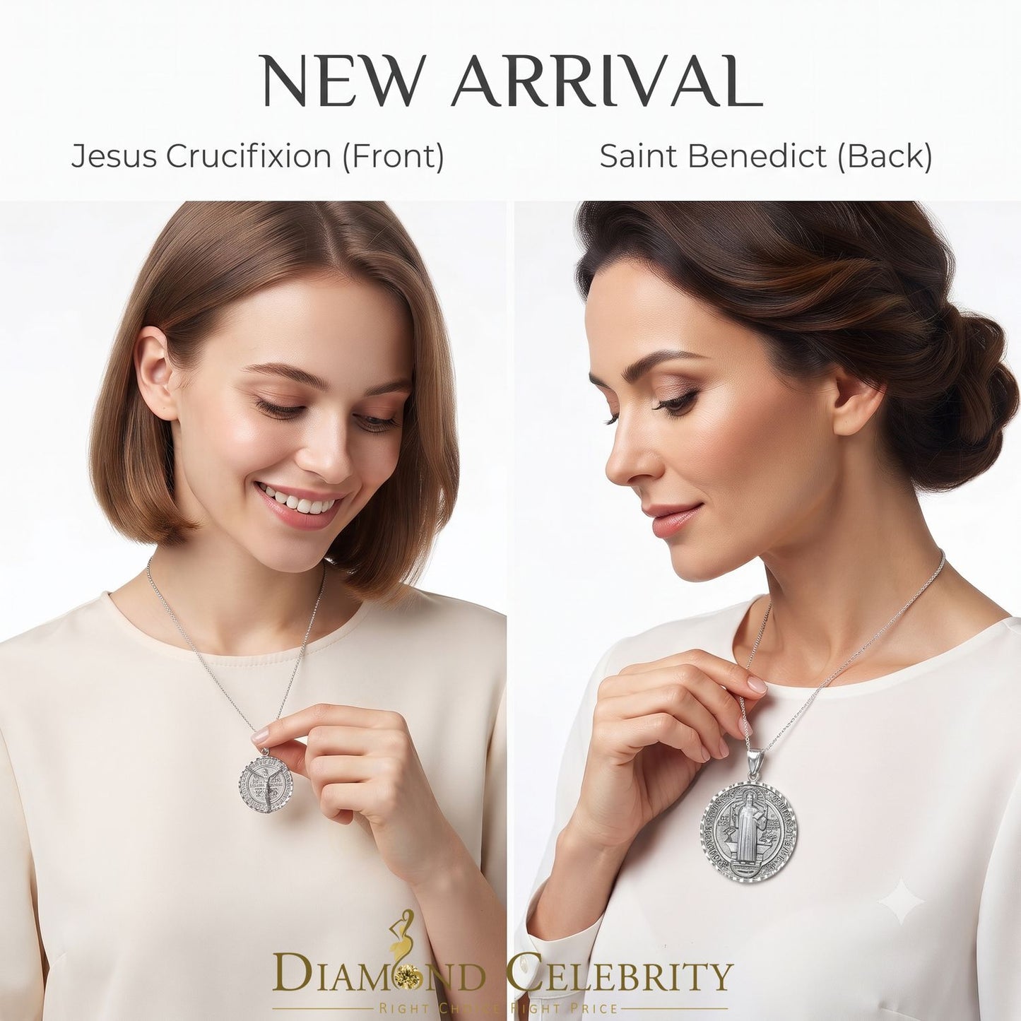 DiamondCelebritees Double Side Jesus Crusification & ST Benadict Men/Women Pendant White 925 Silver