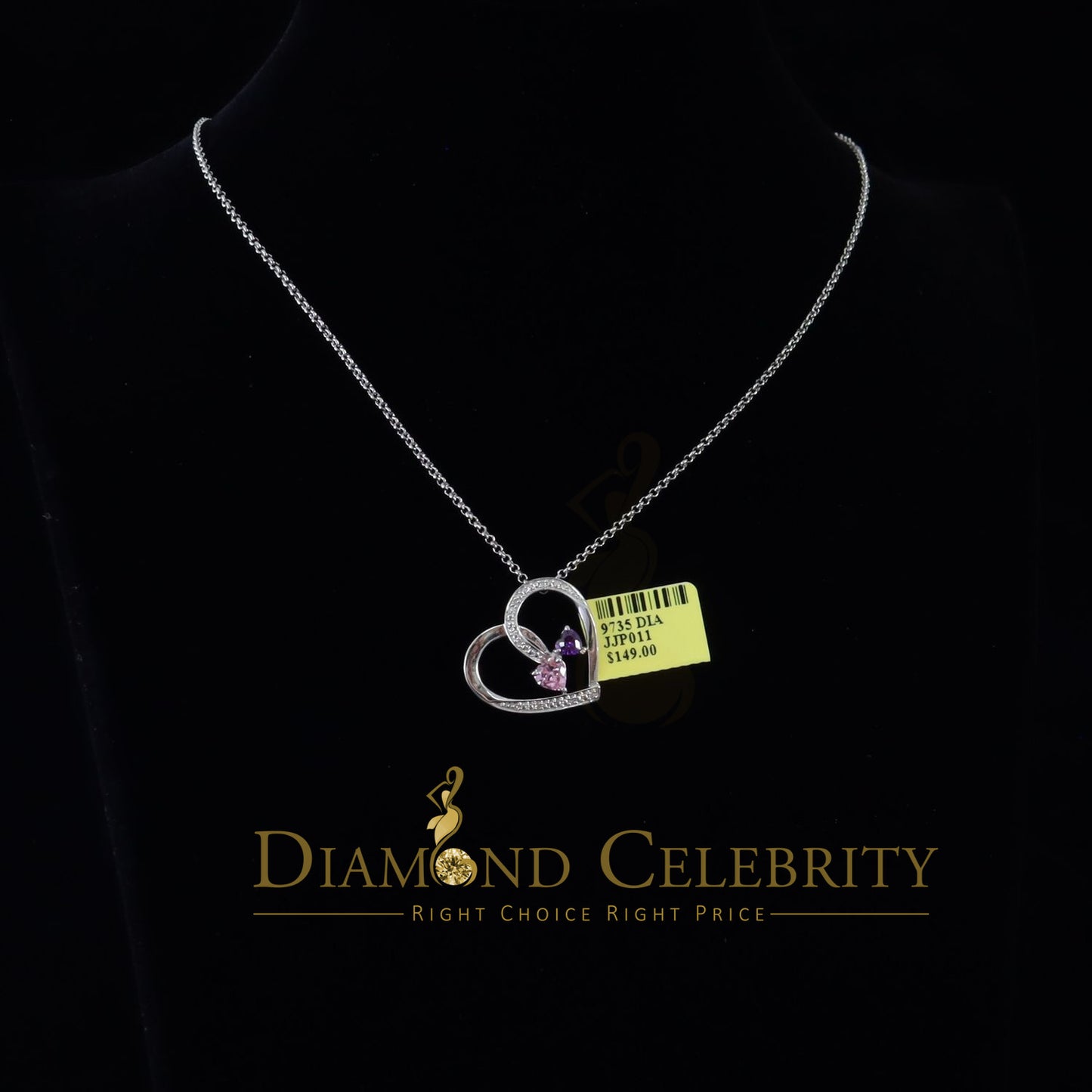 DiamondCelebritees  Two Stones Pink Blue Heart Solitaire 0.1ct Silver Diamonds White Charm Pendant