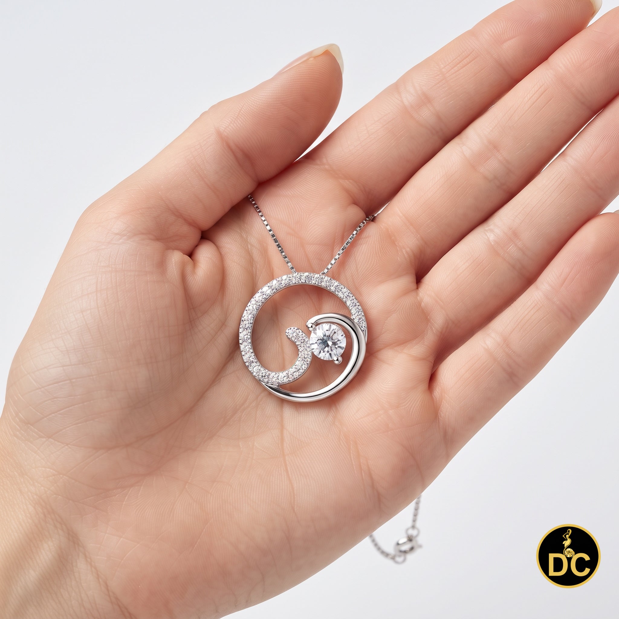 DiamondCelebritees 925 Sterling Silver White Open Circle Swirl Wave Ocean 1inch Pendant 2.92ct CZ