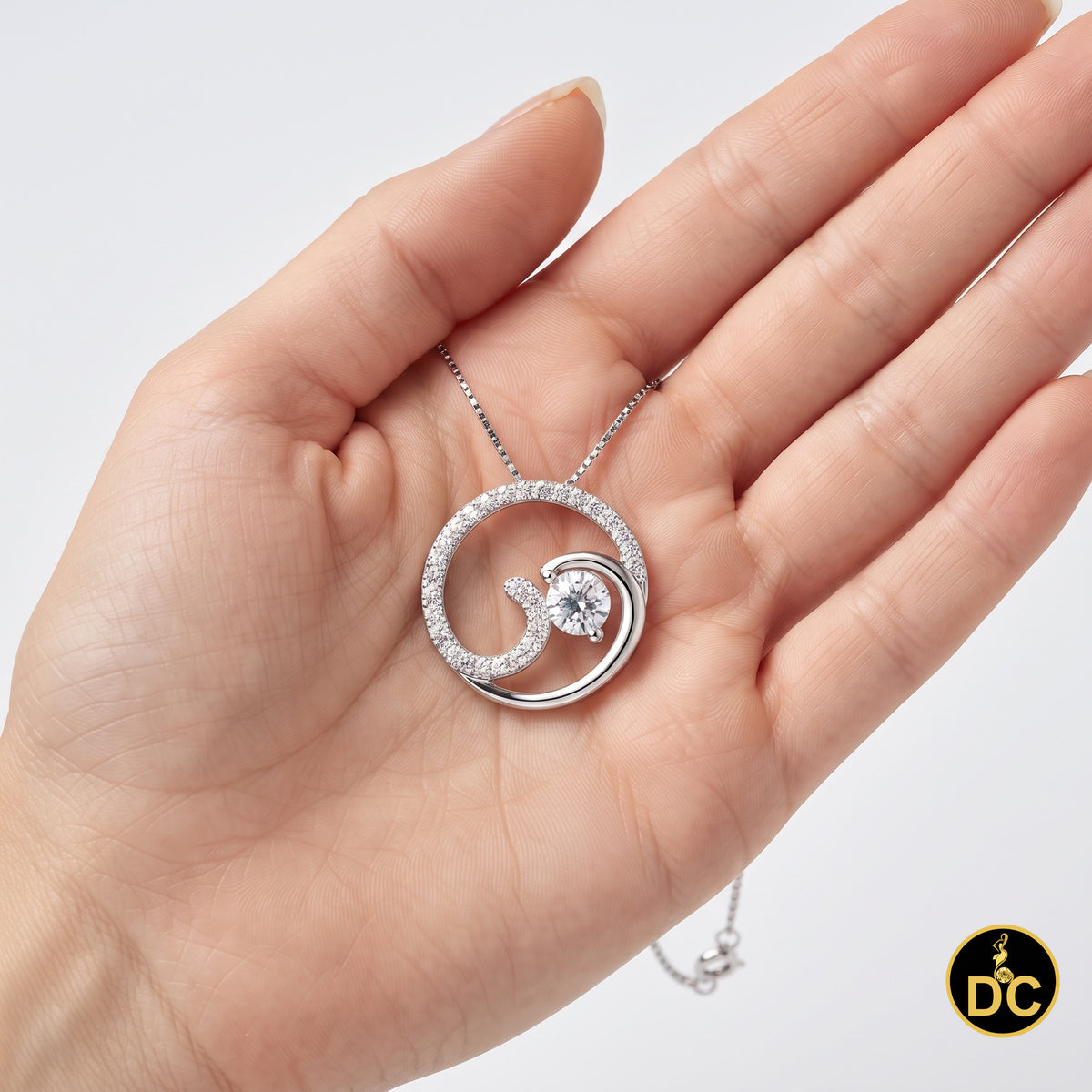 DiamondCelebritees 925 Sterling Silver White Open Circle Swirl Wave Ocean 1inch Pendant 2.92ct CZ
