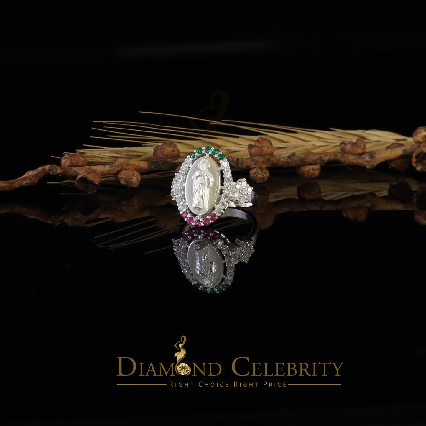 DiamondCelebritees White 925 Silver Saint Jude Thaddeus Pink & Green stone Women Religious Ring SZ7