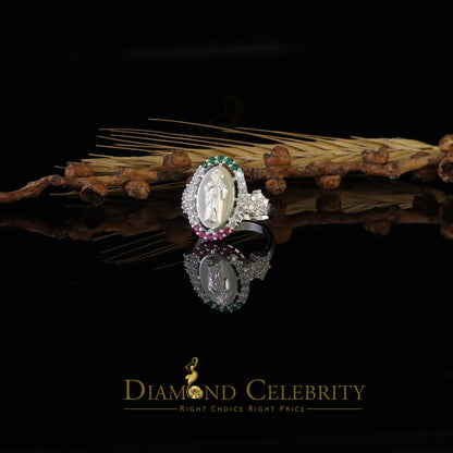 DiamondCelebritees White 925 Silver Saint Jude Thaddeus Pink & Green stone Women Religious Ring SZ7