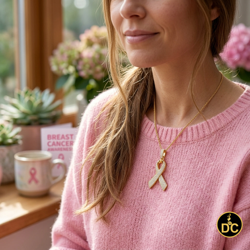 DiamondCelebritees 925 Silver Yellow Clear 0.50ct CZ Hope Ribbon Pendant for Breast Cancer Support