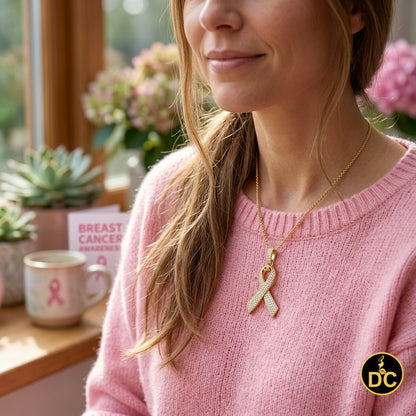 DiamondCelebritees 925 Silver Yellow Clear 0.50ct CZ Hope Ribbon Pendant for Breast Cancer Support