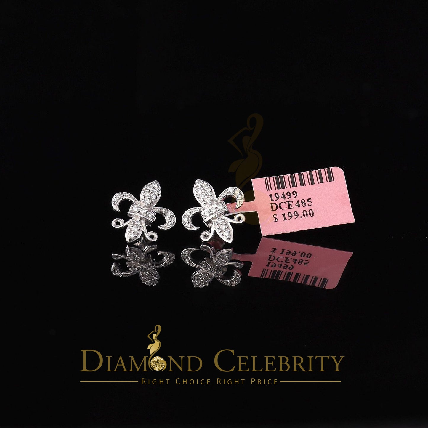 DiamondCelebritees  925 White Silver Women's Fleur de Lis Screw Back 0.36ct Cubic Zirconia Earrings