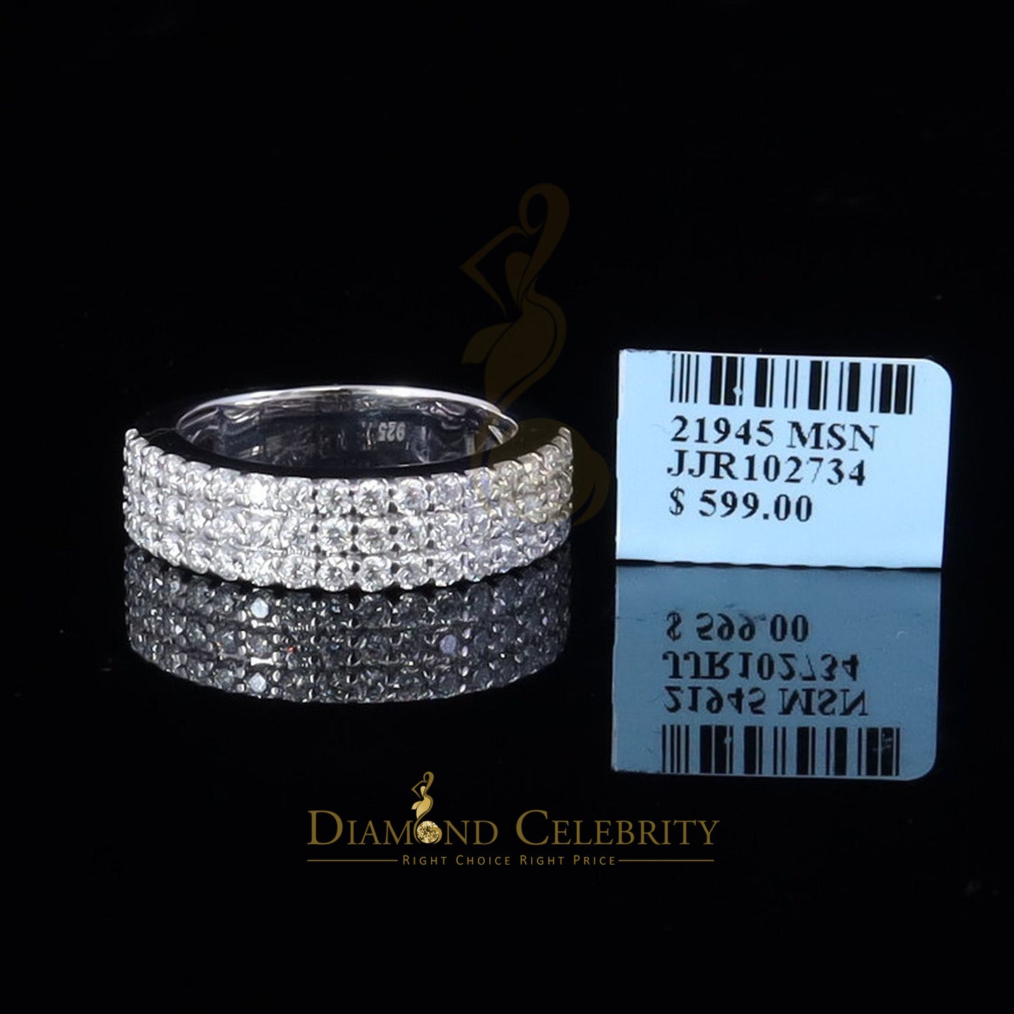 DiamondCelebritees Men's 925 Silver White 2.00ct VVS D Moissanite 3 Row Wedding Band Ring Size 10