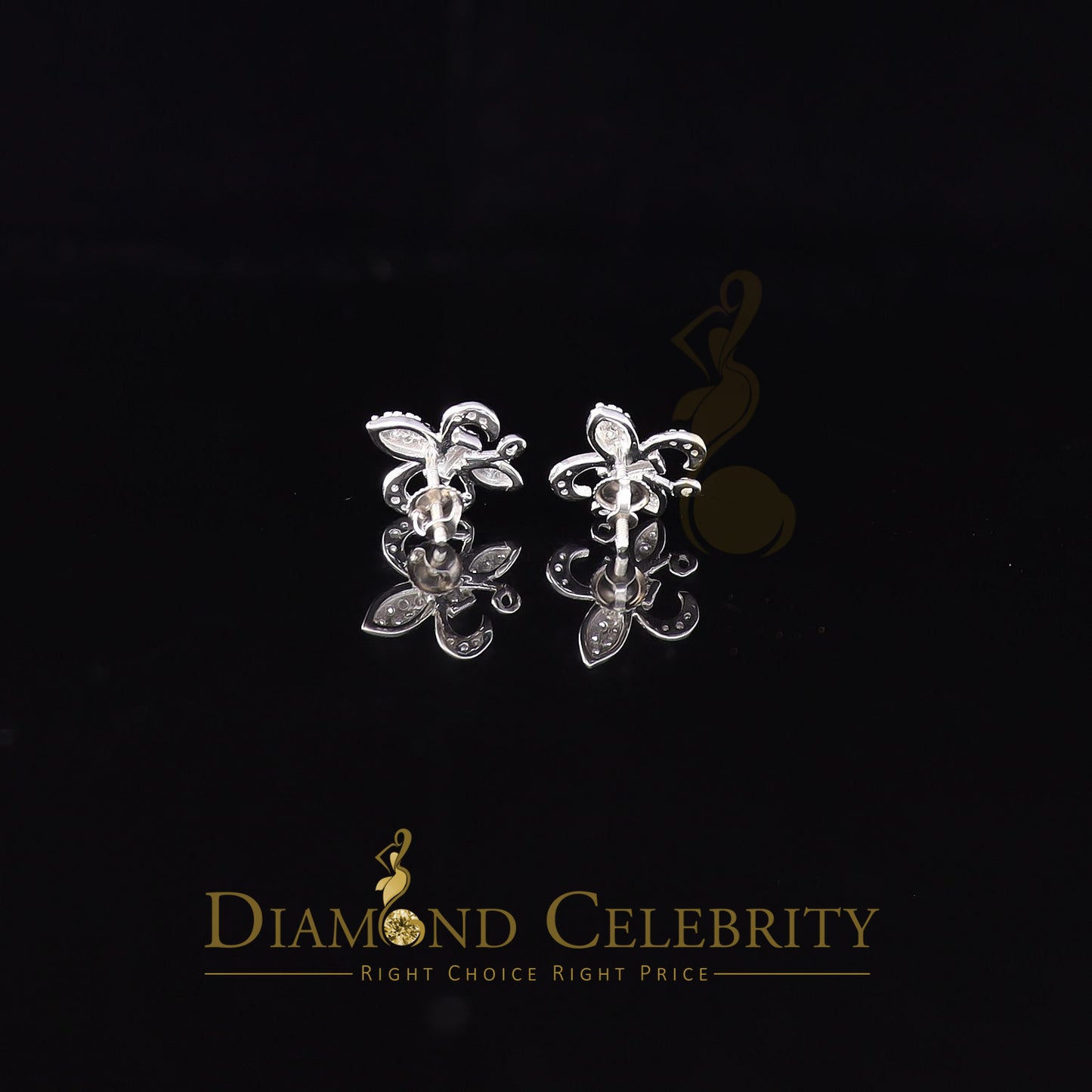 DiamondCelebritees  925 White Silver Women's Fleur de Lis Screw Back 0.36ct Cubic Zirconia Earrings