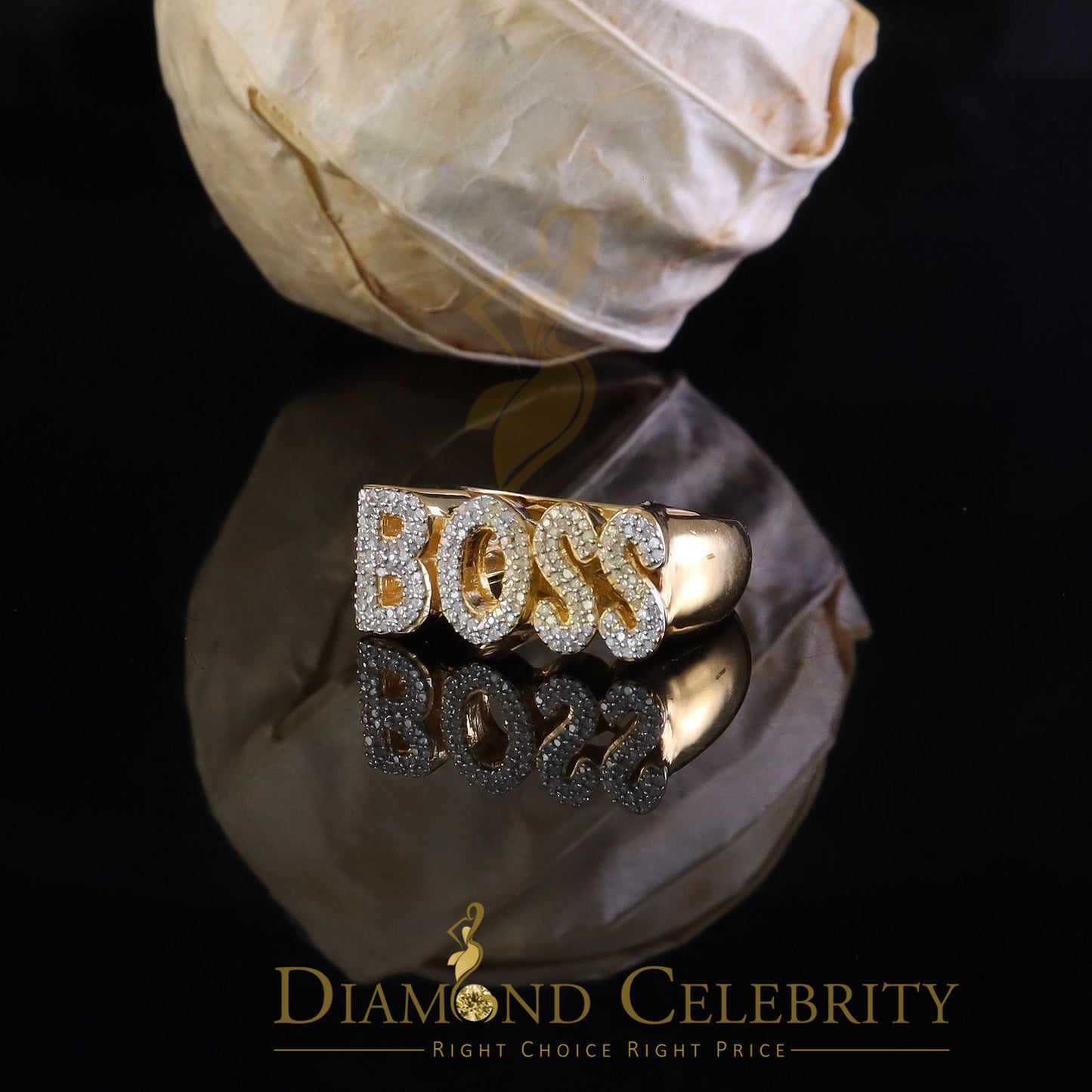 DiamondCelebritees Stylish "BOSS" 925 Silver Yellow 0.50ct Micro Real Diamond Men's Band Ring SZ 8
