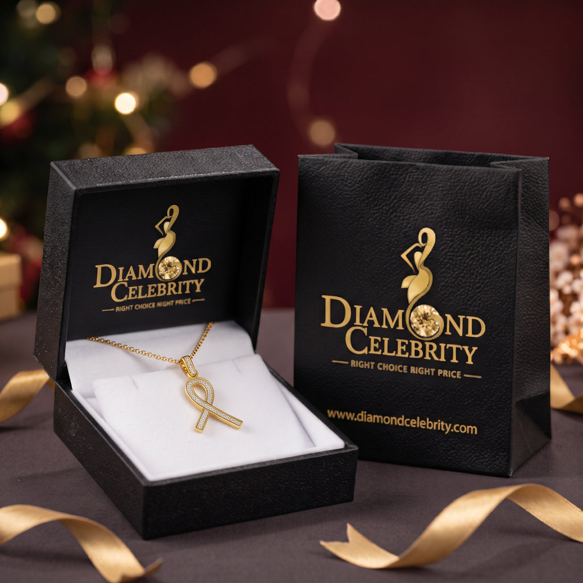 DiamondCelebritees 925 Silver Yellow Clear 0.50ct CZ Hope Ribbon Pendant for Breast Cancer Supports