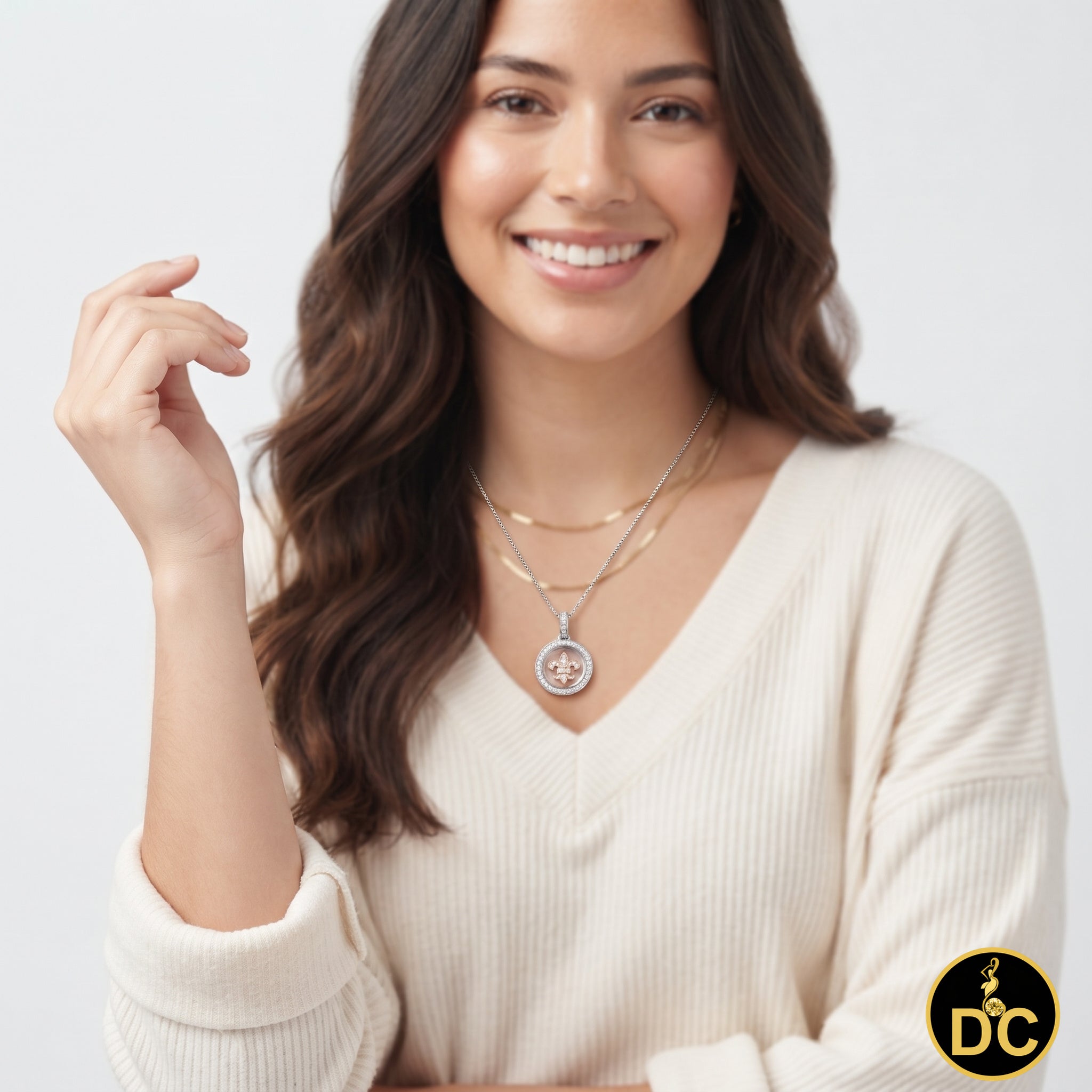 DiamondCelebritees 925 White Sterling Silver Small Fleur-de-Lis Floating Glass Cubic Zircon Pendat