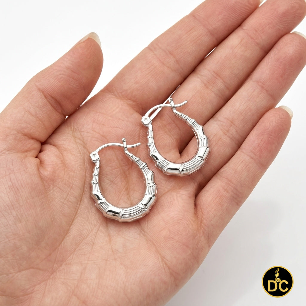 925 Sterling Silver Bamboo Texture Ridged Section Classic Oval 15mm Hoop Earring