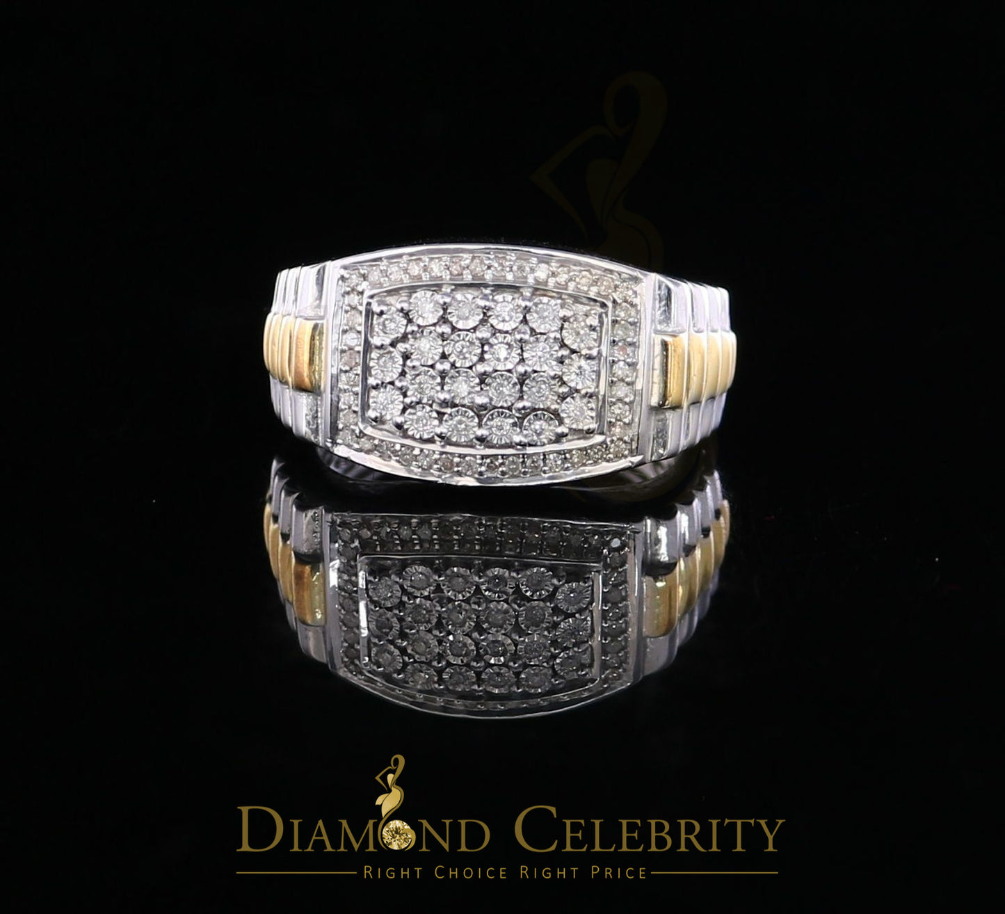 DiamondCelebritees 0.25 CT Real Diamond 925 Sterling White Silver Two Tone Shine Men's Ring Size 10
