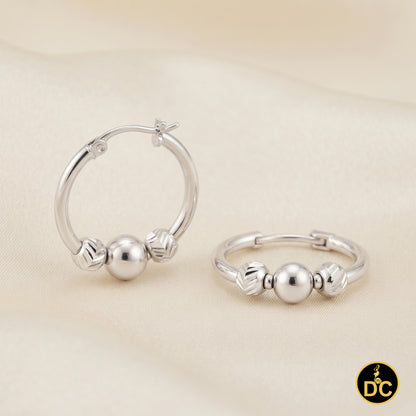 925 Silver Textured Diamond cut Chevron-Pattern Sliding Bead 19mm Hoop Earring