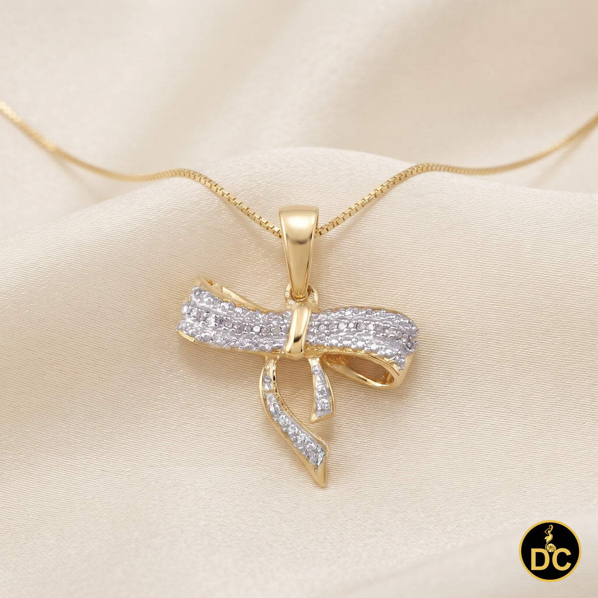 DiamondCelebritees  925 Sterling Silver Real 0.05CT Diamond Ribbon Bow Yellow 18mm Necklace Pendant