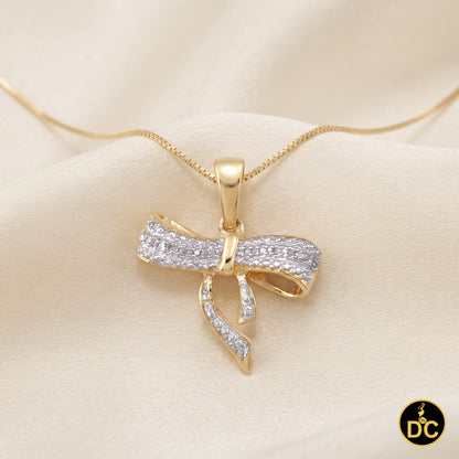 DiamondCelebritees  925 Sterling Silver Real 0.05CT Diamond Ribbon Bow Yellow 18mm Necklace Pendant