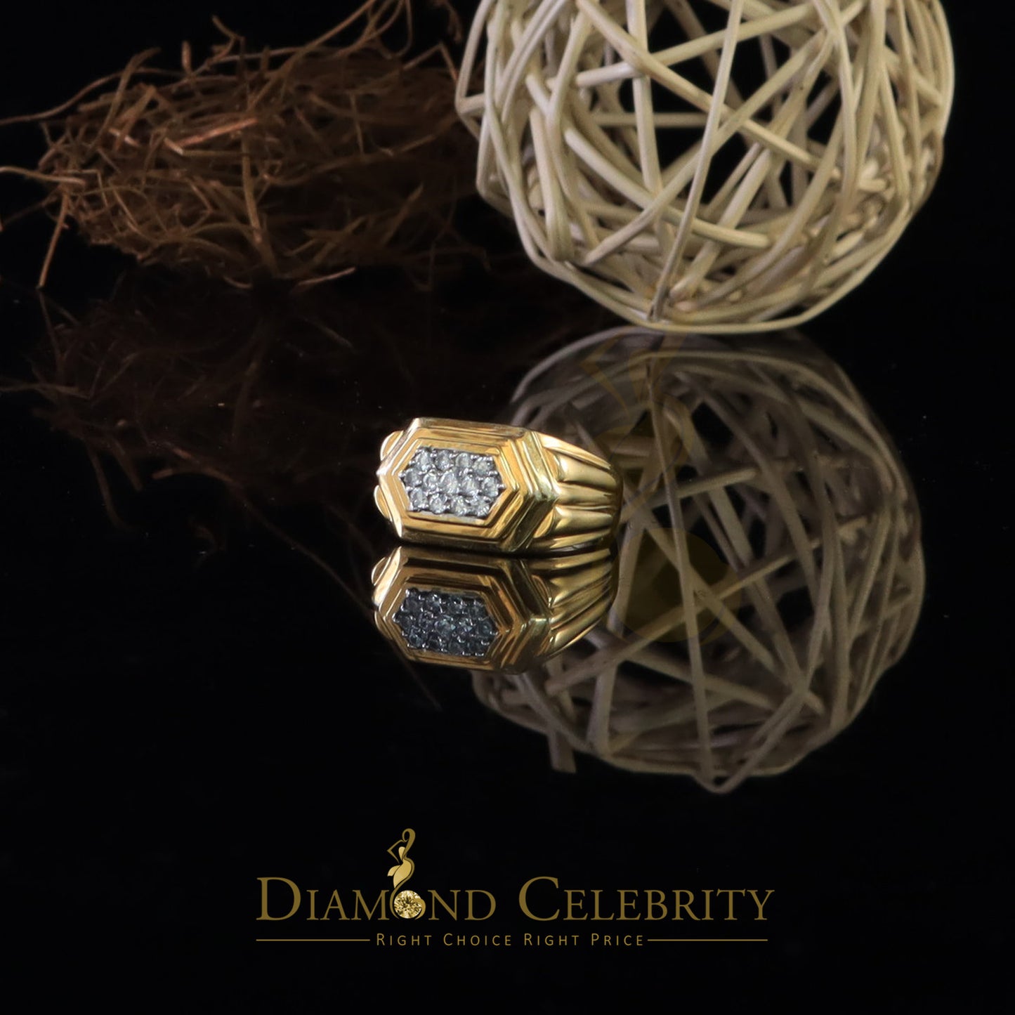 DiamondCelebritees 925 Sterling Yellow Silver 0.39ct Cubic Zirconia Hexagon Men Ring Size 9