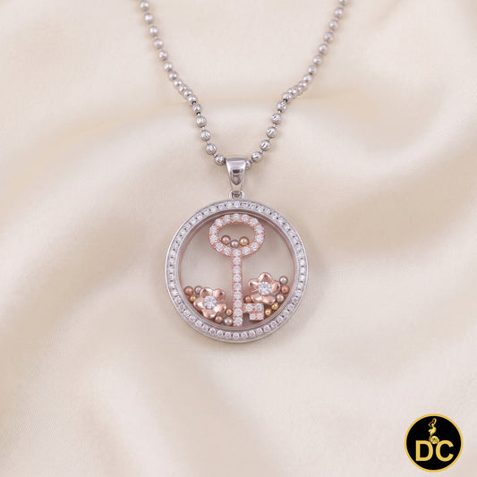 DiamondCelebritees 925 White Sterling Silver Key Floating Bead in a Glass Cubic Zirconia Pendant